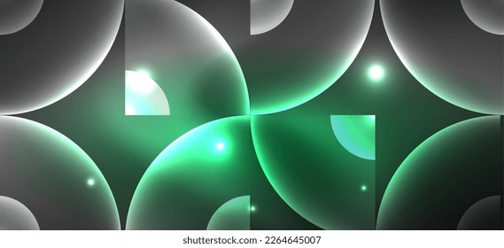 Fondo abstracto con efectos de luz neón brillante. Formas redondeadas, triángulos y círculos. Fondo de escritorio para el concepto de tecnología de IA, blockchain, comunicación, 5G, ciencia, negocios y tecnología