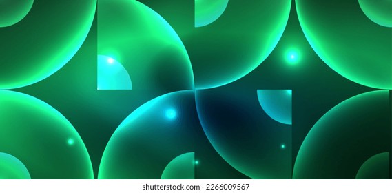 Abstract background with neon glowing light effects. Round shapes, triangles and circles. Wallpaper for concept of AI technology, blockchain, communication, 5G, science, business and technology