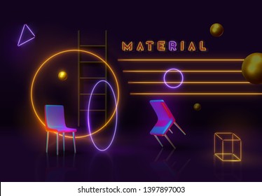 Abstract background with neon gradient geometric elements. 3d shape vector minimal poster. Realistic gold objects. Creative art composition