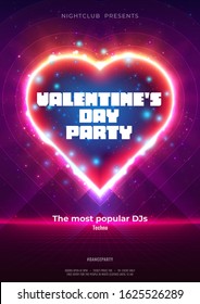 Abstract background with neon heart. Design for your Valentine's Day party flyer, poster, banner, card. Dance party poster with particles, lines, flares, highlight and neon heart. Vector