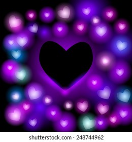 Abstract background with neon hearts on black background. Bright and contemporary card design vector