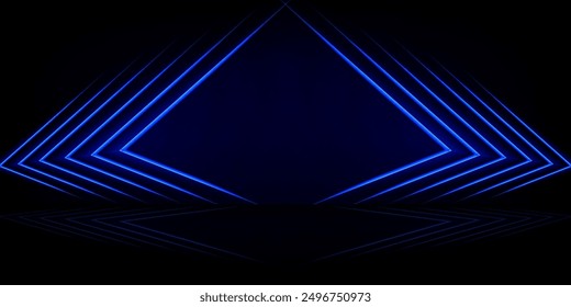 Abstract background with neon lights of blue glowing perpendicular lines on shiny reflecting stage.