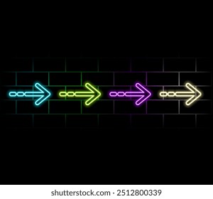 Abstract background with neon lights of green blue pink violet colors glowing in arrowhead lines pattern on shiny reflecting stage.