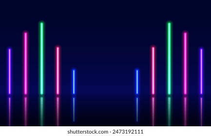 Abstract background with neon lights of vibrant colors glowing perpendicular lines on shiny reflecting stage. Vector 3d render, square glowing in the dark, blue neon light, illuminate frame design
