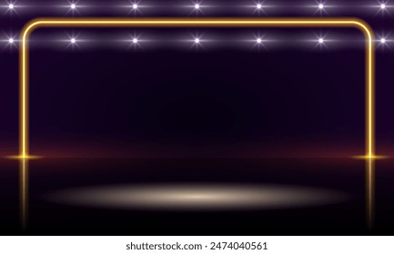 Fondo Abstractas con luces de neón de colores vibrantes brillando líneas perpendiculares en brillante escenario reflectante. Vector 3d render, cuadrado brillante en la oscuridad, luz de neón azul, iluminar el diseño del marco