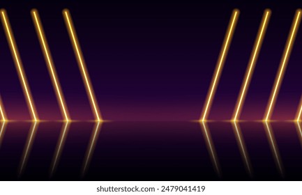 Abstract background with neon lights of vibrant colors glowing perpendicular lines on shiny reflecting stage. Vector 3d render, square glowing in the dark, blue neon light, illuminate frame design
