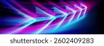 Abstract background with neon pink and blue arrows. Vector realistic illustration of high tech banner, modern technology presentation template, data speed effect, boost power, geometric motion sign