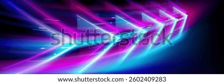 Abstract background with neon pink and blue arrows. Vector realistic illustration of high tech banner, modern technology presentation template, data speed effect, boost power, geometric motion sign