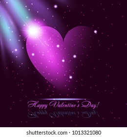 Abstract background with neon pink heart and blue rays on dark purple color. Design for Valentine's Day party flyers. Vector illustration.