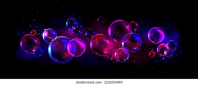 Abstract background with neon soap bubbles, rainbow colorful iridescent glass balls or spheres on black backdrop. Water foam, shiny bright soapy circles graphics, Realistic 3d vector illustration