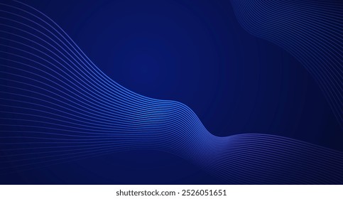Abstract background, neon wave lines on dark blue background, modern glowing flow lines suitable for presentation backgrounds, invitations, covers, headers and footers.