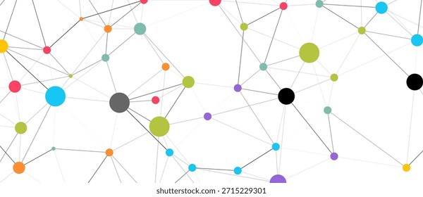 Abstract background with a network of colorful dots and connecting lines. Concept of technology, data visualization, communication, and global connections.
