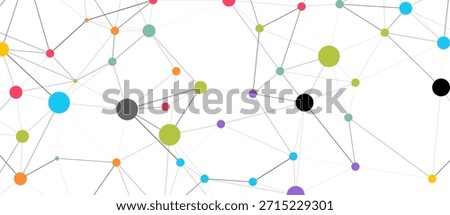Abstract background with a network of colorful dots and connecting lines. Concept of technology, data visualization, communication, and global connections.