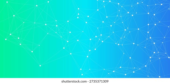 Abstract background with a network of connected dots and lines. Represents technology, data, communication, and global connections on a blue and green gradient.