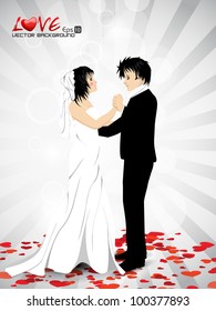 Abstract background with new married couple dancing on rays background. EPS 10. Vector illustration.