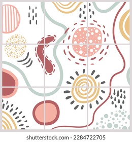 An abstract background of nine complementary backgrounds that can be used together or separately. Smooth figures in pastel colors on a white background. Modern vector pattern.