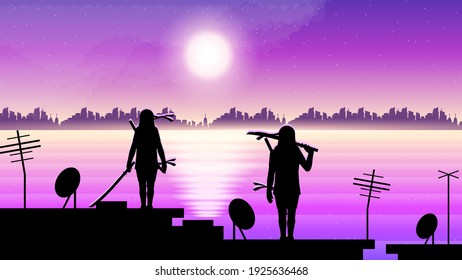 Abstract Background Ninja Sun City Person People Silhouette On Roof Water Clouds Sky Vector Design Style