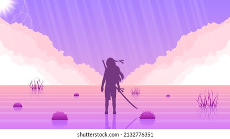 Abstract Background Ninja Warrior Clouds Person Light Bushes Silhouette Water People Vector Design Style