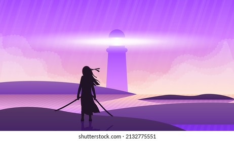 Abstract Background Ninja Warrior Lighthouse Clouds Person Light Silhouette Water People Vector Design Style