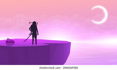 Abstract Background Ninja Warrior Moon Light Water Sea Person Silhouette Clouds Stars Sky People Night Vector Design Style