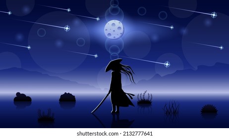 Abstract Background Ninja Warrior Moon Falling Stars Person Night Silhouette Bushes People Vector Design Style