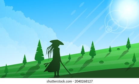 Abstrakter Hintergrund Ninja Krieger Sun Wolken Person Bäume Licht Silhouette Wasser Wolken Sky Menschen Vektordesign Stil