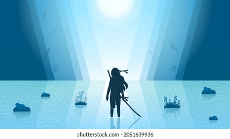 Abstract Background Ninja Warrior Sun Mountains Person Light Silhouette Water Bushes People Vector Design Style