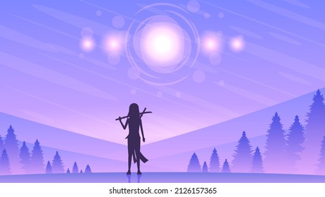 Abstract Background Ninja Warrior Sun Trees Stars Mountains Person Light Silhouette People Vector Design Style