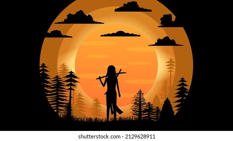 Abstract Background Ninja Warrior Sun Clouds Person Dark Night Silhouette Trees Forest People Vector Design Style