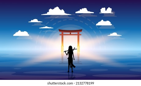 Abstract Background Ninja Warrior Sun Person Silhouette Water Clouds Sky People Vector Design Style