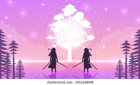 Abstract Background Ninja Warriors Persons Stars Water Trees Light Silhouette Water Clouds Sky People Vector Design Style