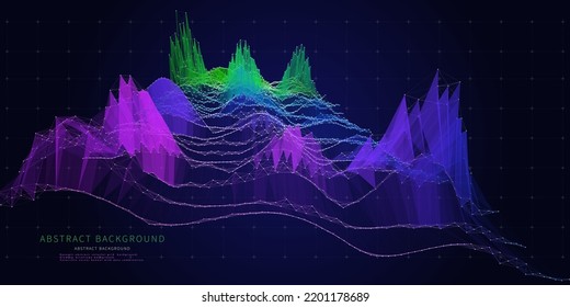 Abstract  background with noise grid and data on dark. Technology 3d concept. Visual presentation analysis of graph data.  Banner for business, science and technology data analytics representation. 