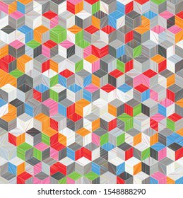 Abstract background. Noise structure with hatched glass cubes. Vector image