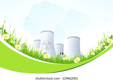 Abstract Background with Nuclear Power Plant, Flowers and Grass