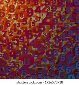 Abstract background with numbers. Digital collage in red and blue tones. Vector illustration of a set of numbers in a chaotic order arranged in layers. Banner poster.
