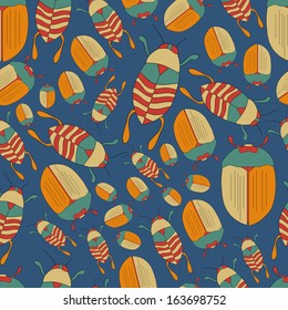 Abstract background with abstract objects, with beetles. Seamless pattern , vector   can be used for web page backgrounds,  surface textures , wallpapers ,pattern. Beautiful garden with bugs. 