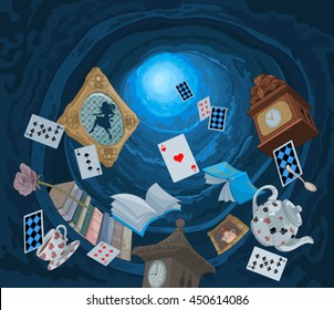 Abstract background of objects falling down in rabbit hole
