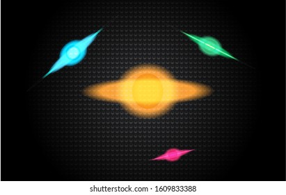 Abstract background with objects resembling the sun and planets that have a circular ring in the middle colored orange, blue, green, and purple. light, light, sparkle