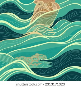 Abstract background with ocean waves. Hand drawn vector illustration. Flat color design.