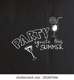 abstract background with old crumpled black paper texture and hand-drawing invitation to the party. Ignite this summer