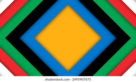 Fondo Abstractas en colores olímpicos. Figuras geométricas: rojo, verde, naranja, azul, negro y blanco. Juegos Olímpicos de Colores. Triángulo, forma cuadrada. Bandera de Vector para juegos deportivos.