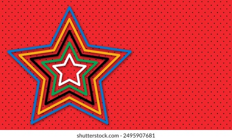 Abstract background in Olympic colors. Geometric figures - red, green, orange, blue, black and white. Colors Olympics games. Star shape. Vector flag for sports games.