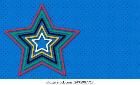 Abstract background in Olympic colors. Geometric figures - red, green, orange, blue, black and white. Colors Olympics games. Star shape. Vector flag for sports games.