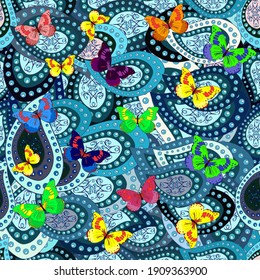 Abstract background on blue, green and neutral colors. Colorful romantic butterflies seamless pattern background. Decorative Vector illustration. With hand drawn butterflies.