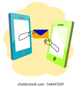 Abstract background on communication via smart phone, hands exchaging mail to each other. Vector illustration. 
