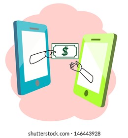 Abstract background on getting money via smart phone, hand giving dollar banknote to each other from screen. Vector illustration.
