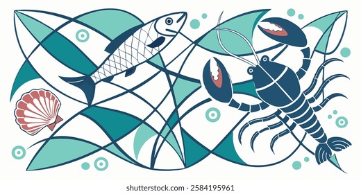 Abstract background on marine theme with fish, crayfish, shell, whale