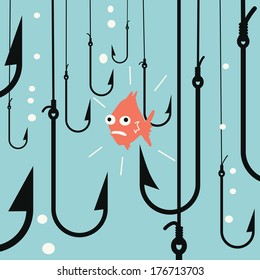 Abstract background on risk business concept, metaphor to small fish being in danger among many hooks. 