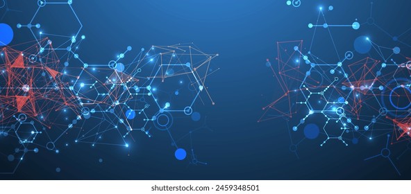 Abstract background on a scientific and technological theme. An image of hexagons on a dark blue background with a color plexus effect. Hand drawn vector.