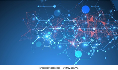 Abstract background on a scientific and technological theme. An image of hexagons on a dark blue background with a color plexus effect. Hand drawn vector.